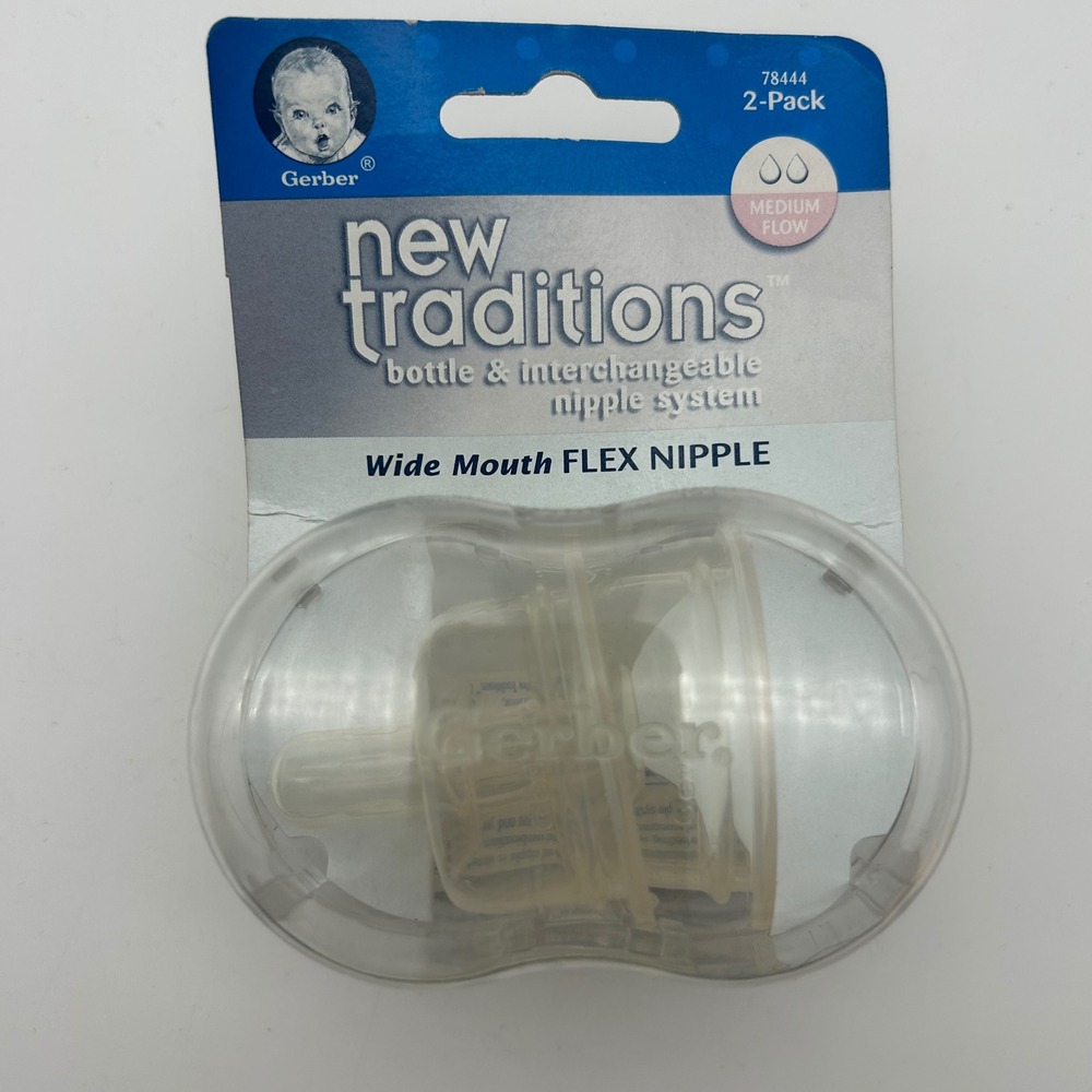 Gerber New Traditions Wide Mouth‎ Flex Nipple 2-Pack Medium Flow 78444 Vtg 2000